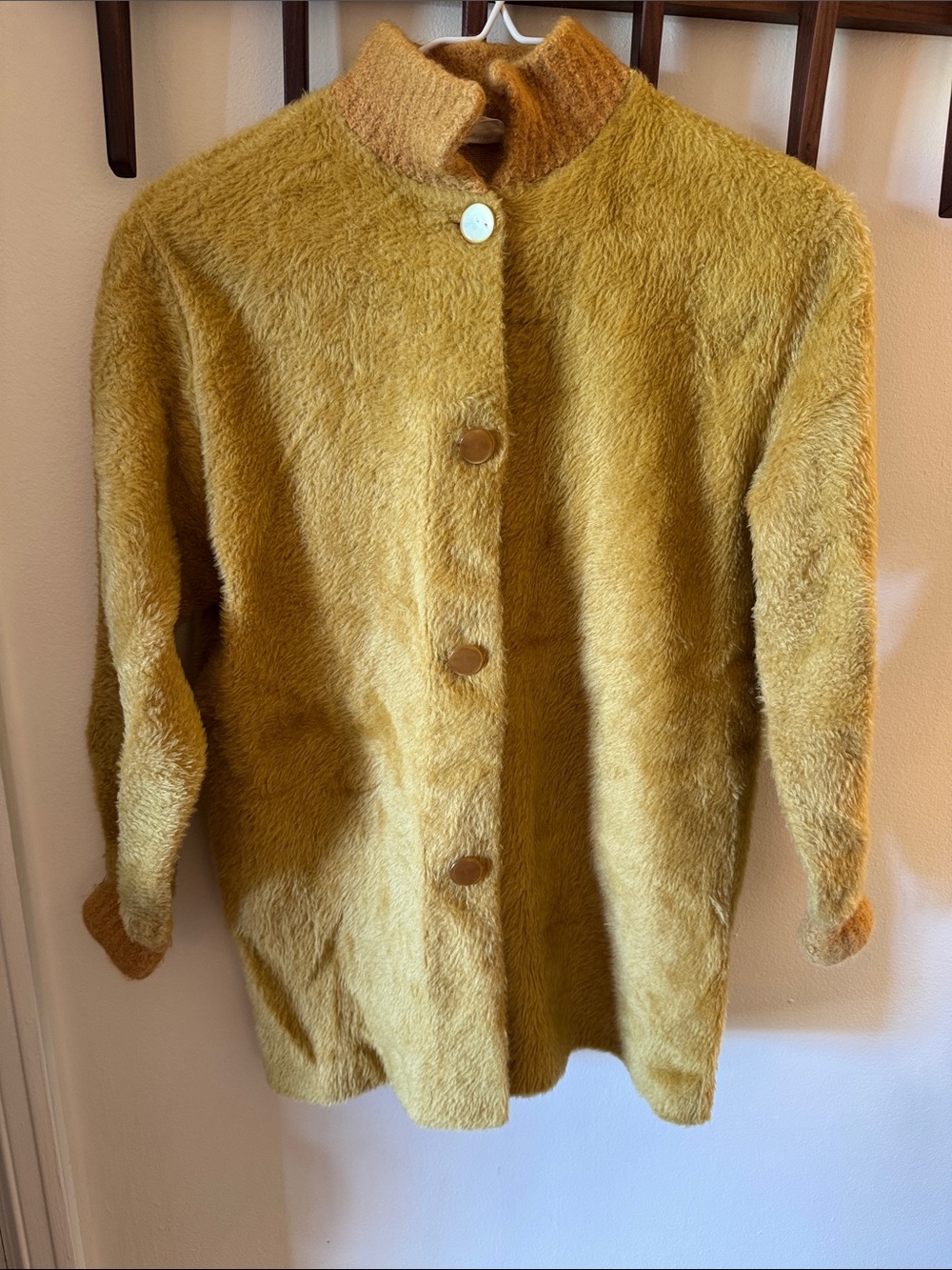 Vintage c. 1950s or 60s Women’s Mustard Faux Fur Button-Front Teddy Jacket